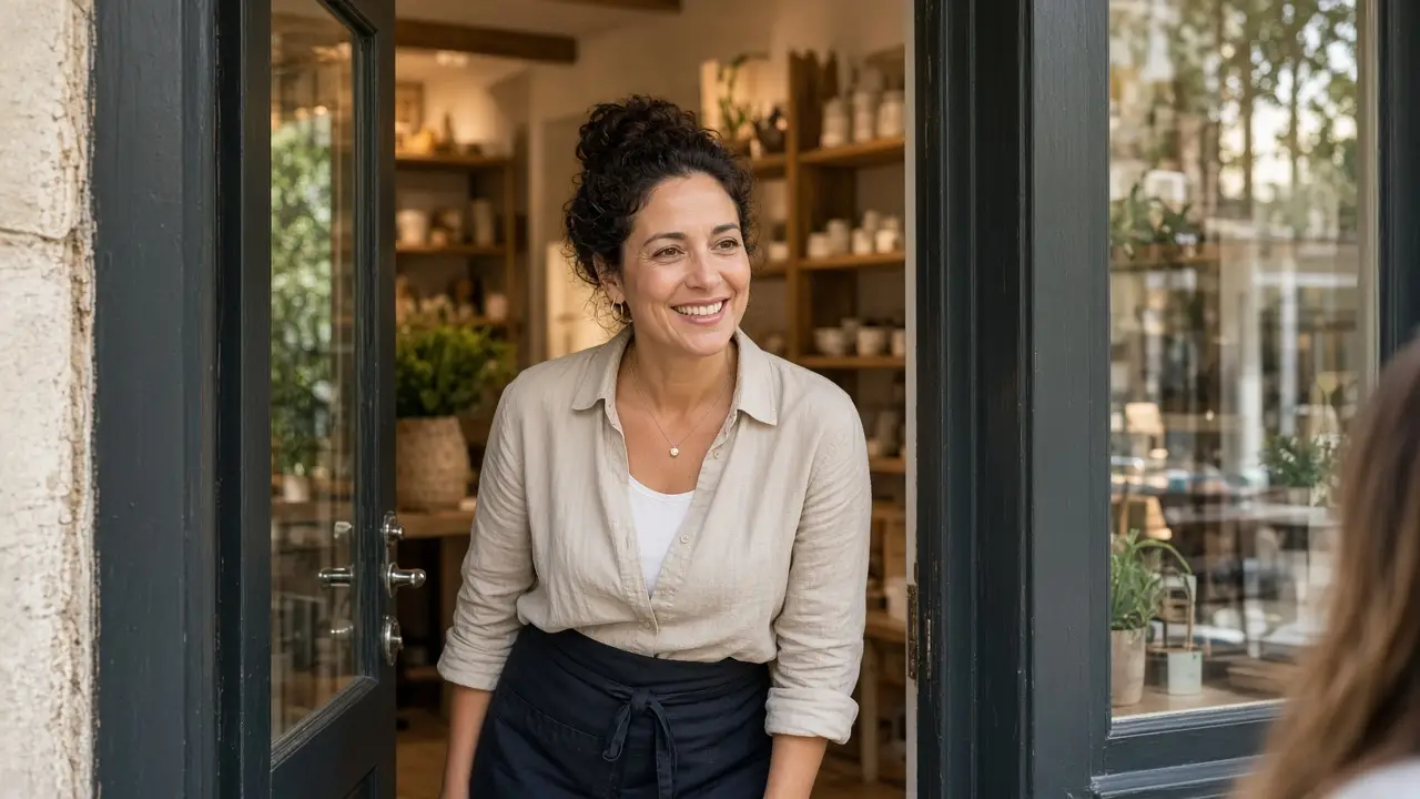 Shop owner greeting a customer at the storefront