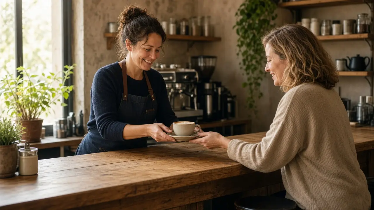 Cafe owner serving a regular customer at the counter