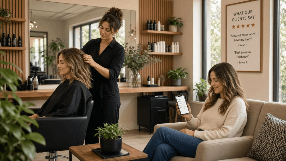 Australian salon client checking fresh Google Business reviews