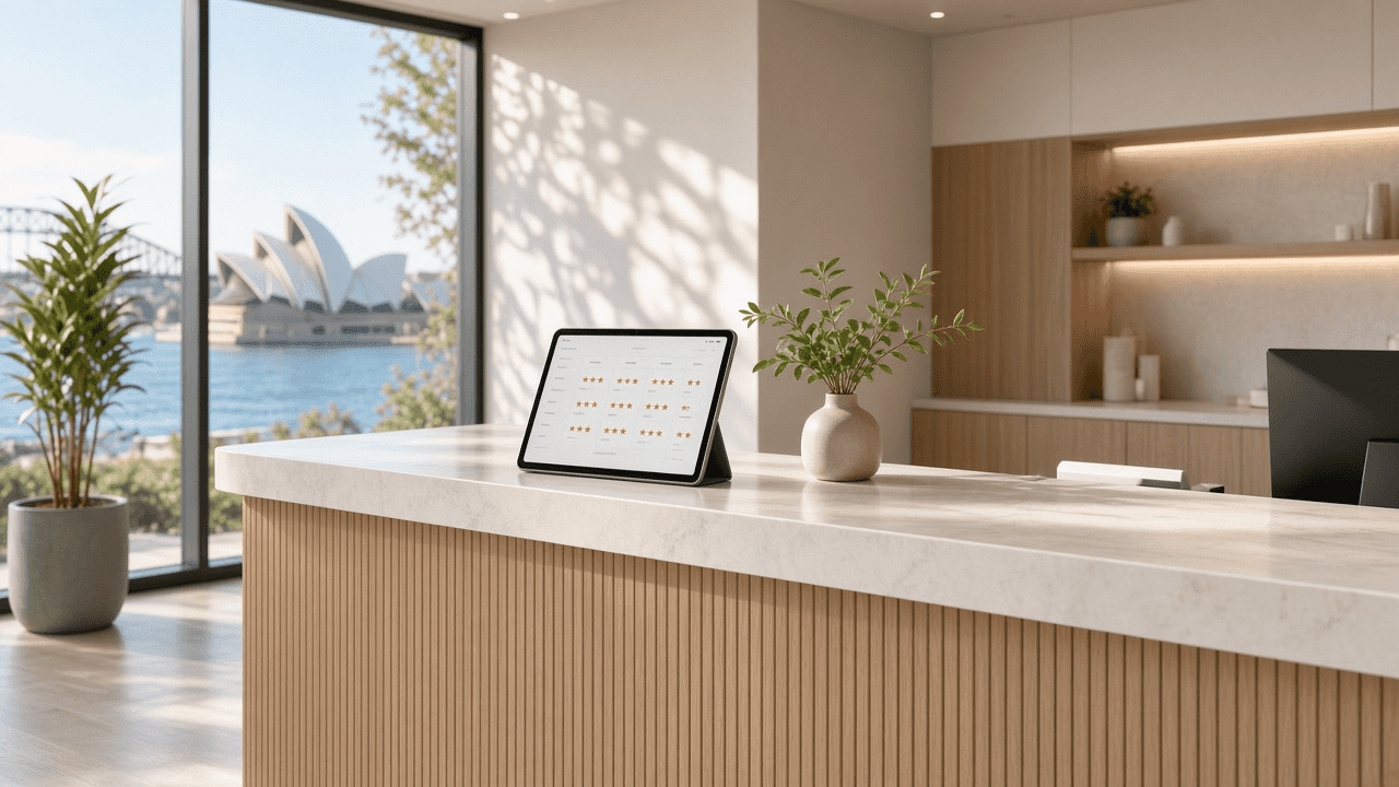 Clinic desk with a paced Google review calendar on a tablet