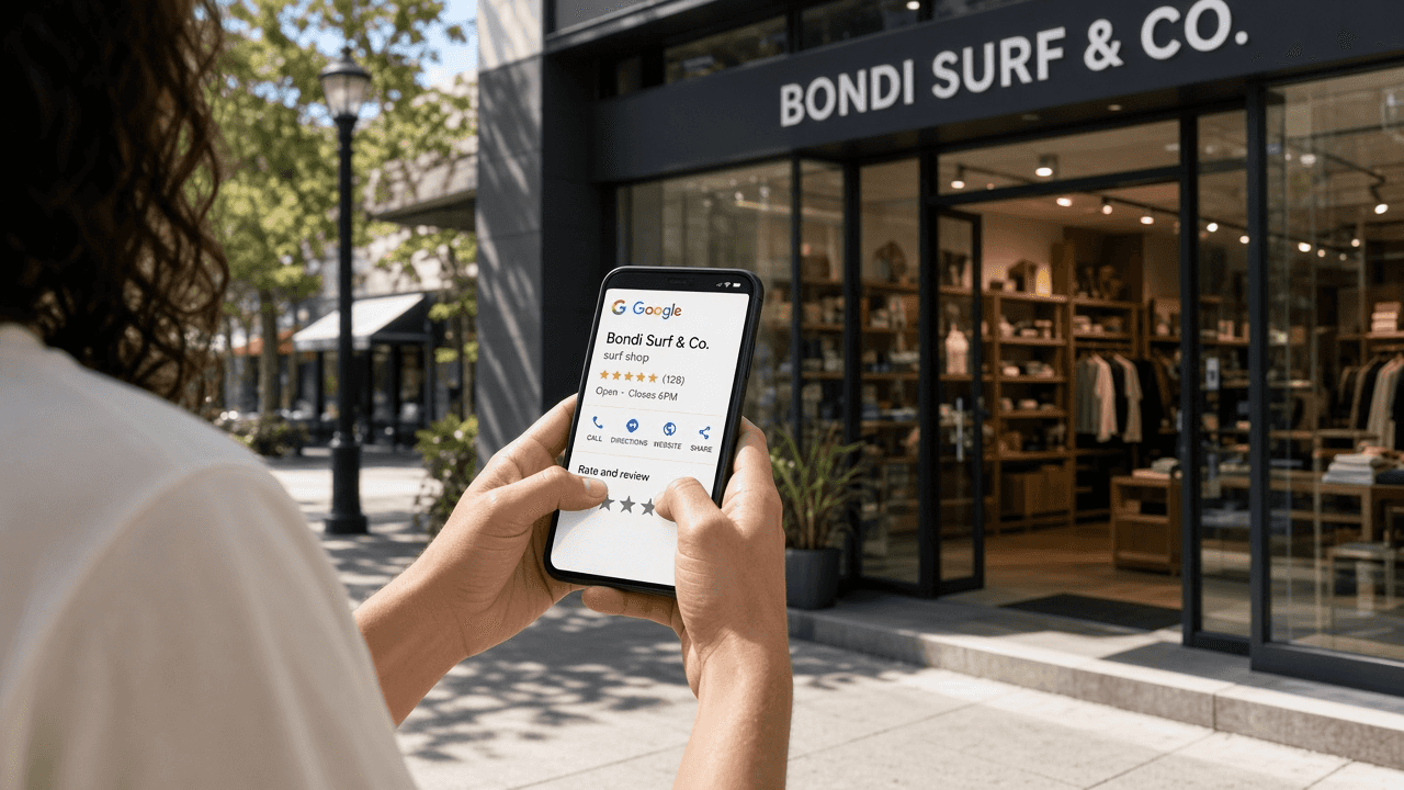 Shopper tapping a five-star Google Business listing outside a storefront