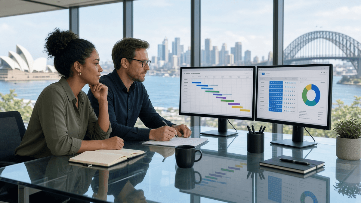 Desk team pacing a Google Maps review campaign on dual monitors