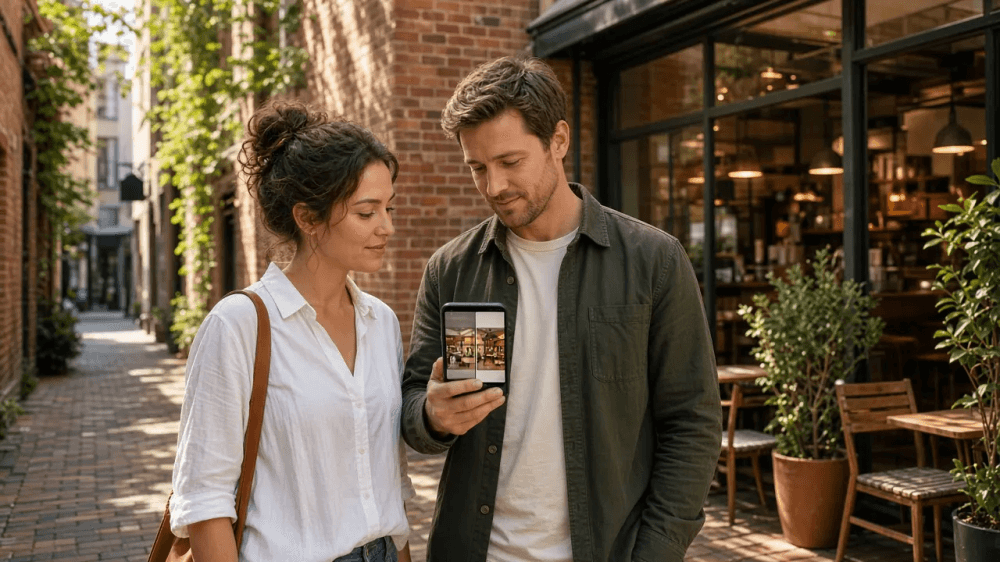 Couple comparing nearby Australian business listings on a phone