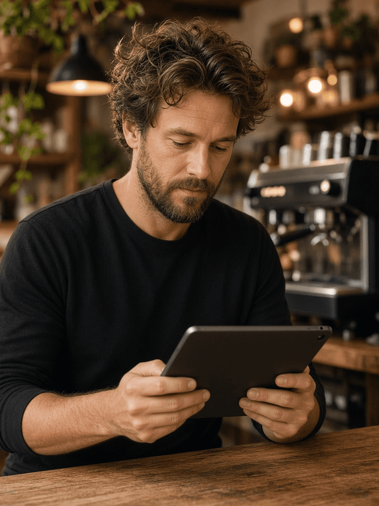 Cafe owner checking steady Google Maps reviews on a tablet