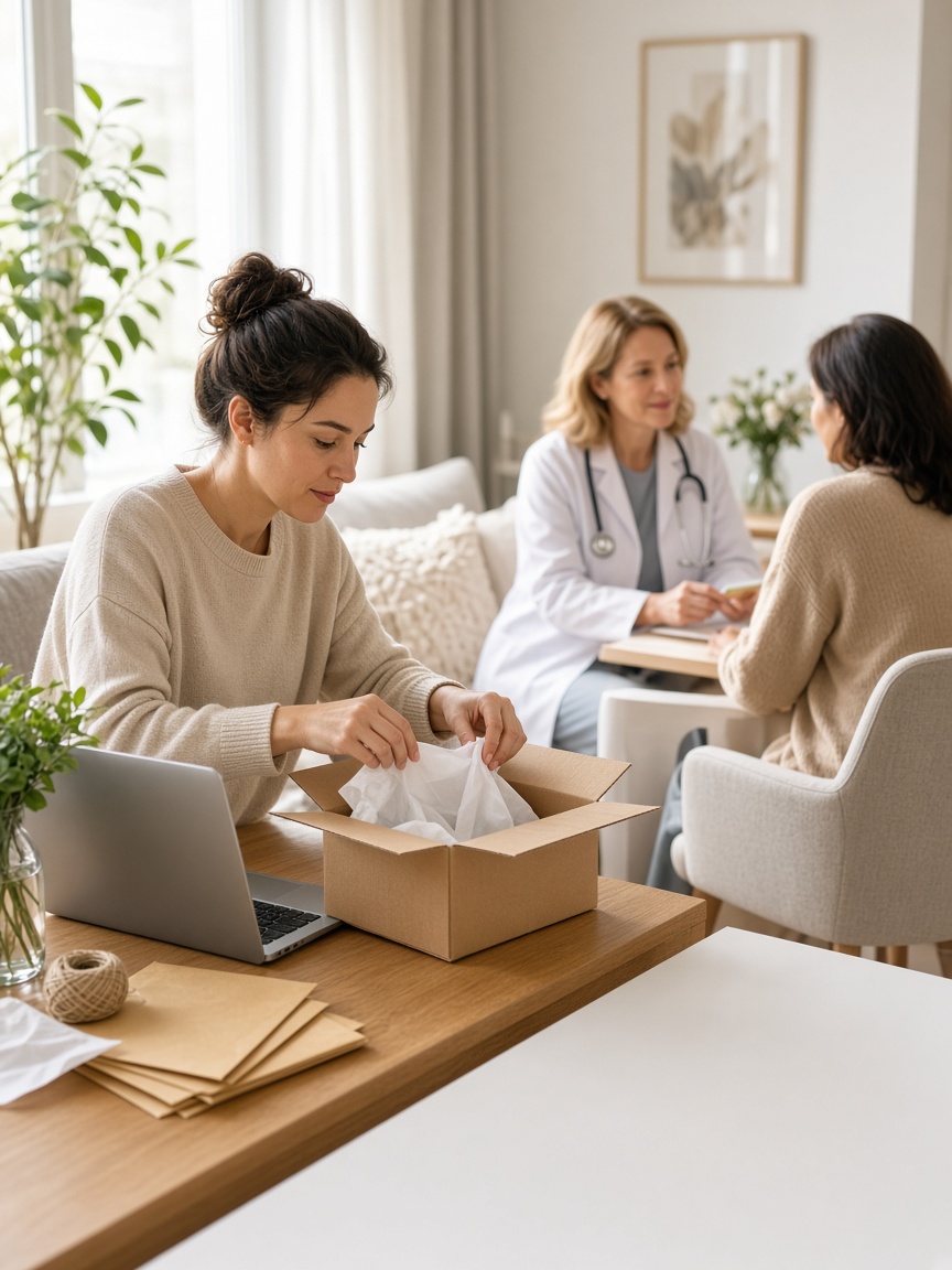 Ecommerce seller packing orders beside a calm medical consultation