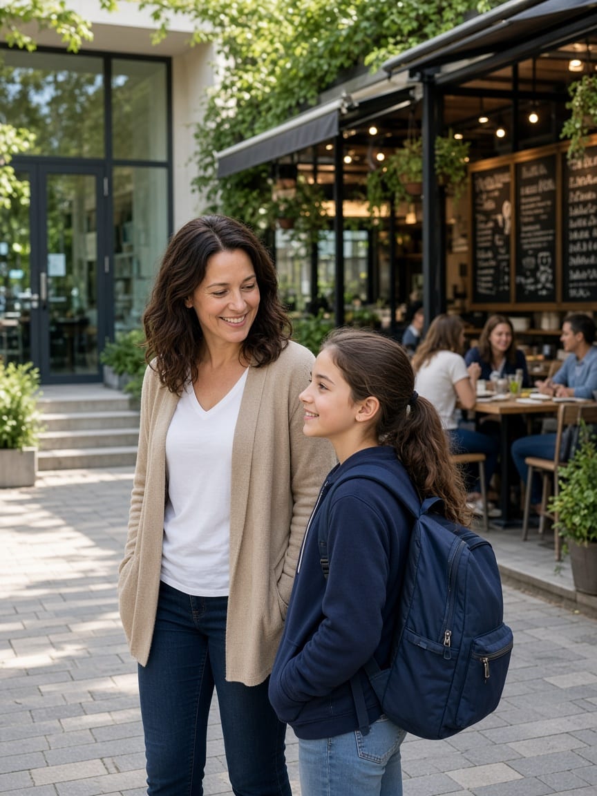 Parent and student near a school beside a lively cafe patio