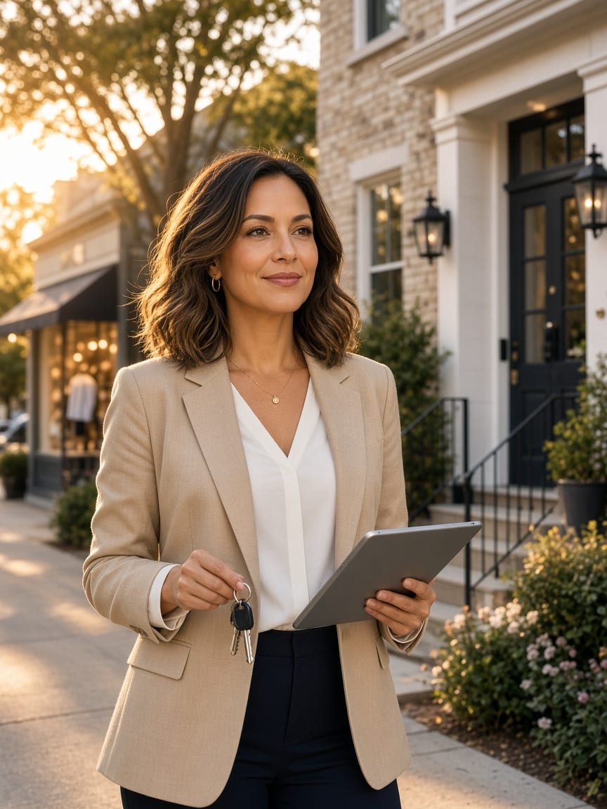 Real estate agent with keys in front of a neighborhood boutique storefront