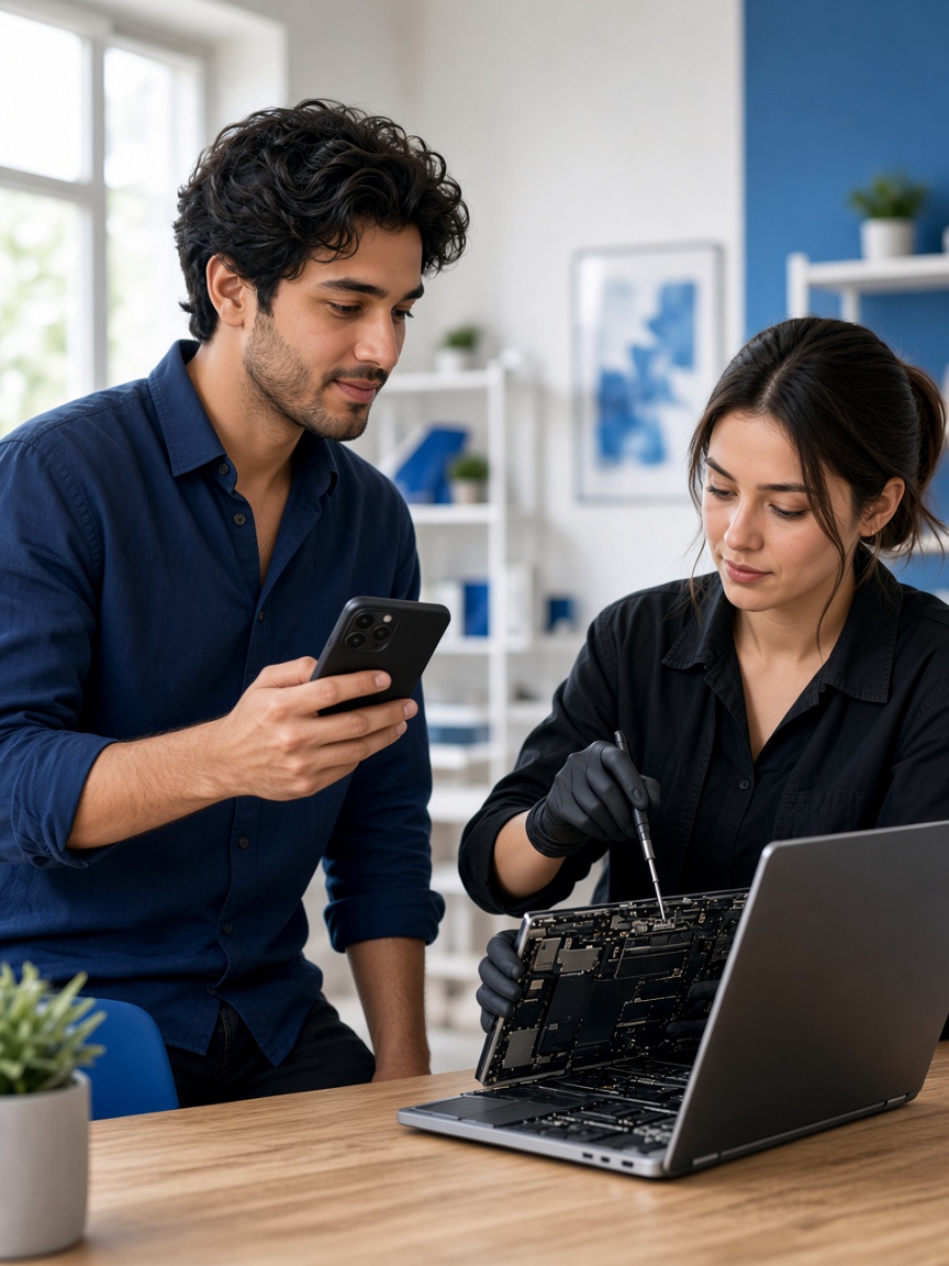 Startup founder checking a phone while an IT technician assists at a coworking desk