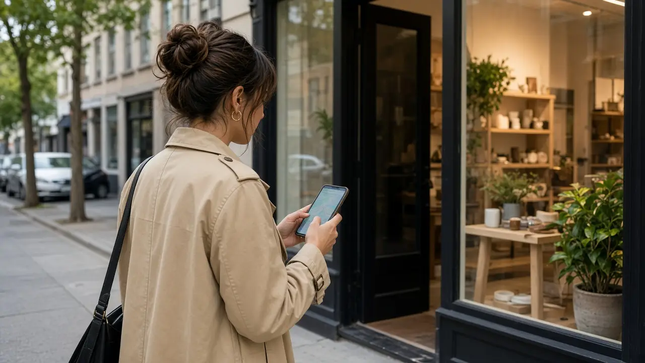 Shopper checking a nearby business on a phone