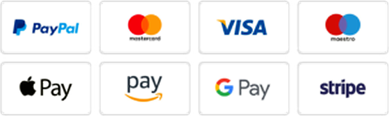 PayPal, Mastercard, Visa, Maestro, Apple Pay, Amazon Pay, Google Pay, Stripe