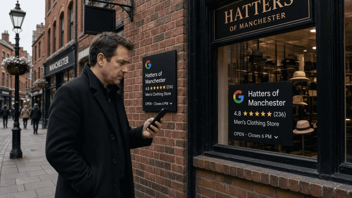 Shopper checking a nearby business on a phone