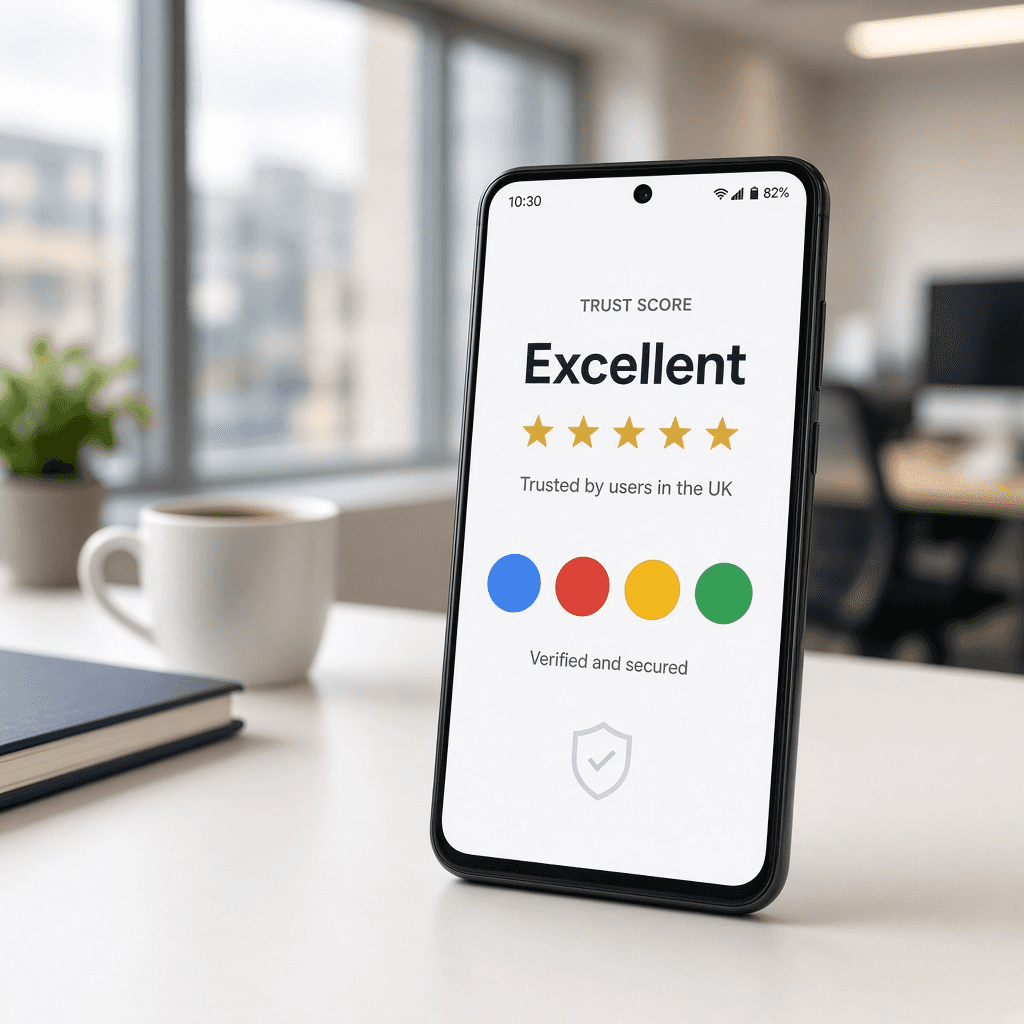 Phone showing Google Maps review trust signals for a UK business