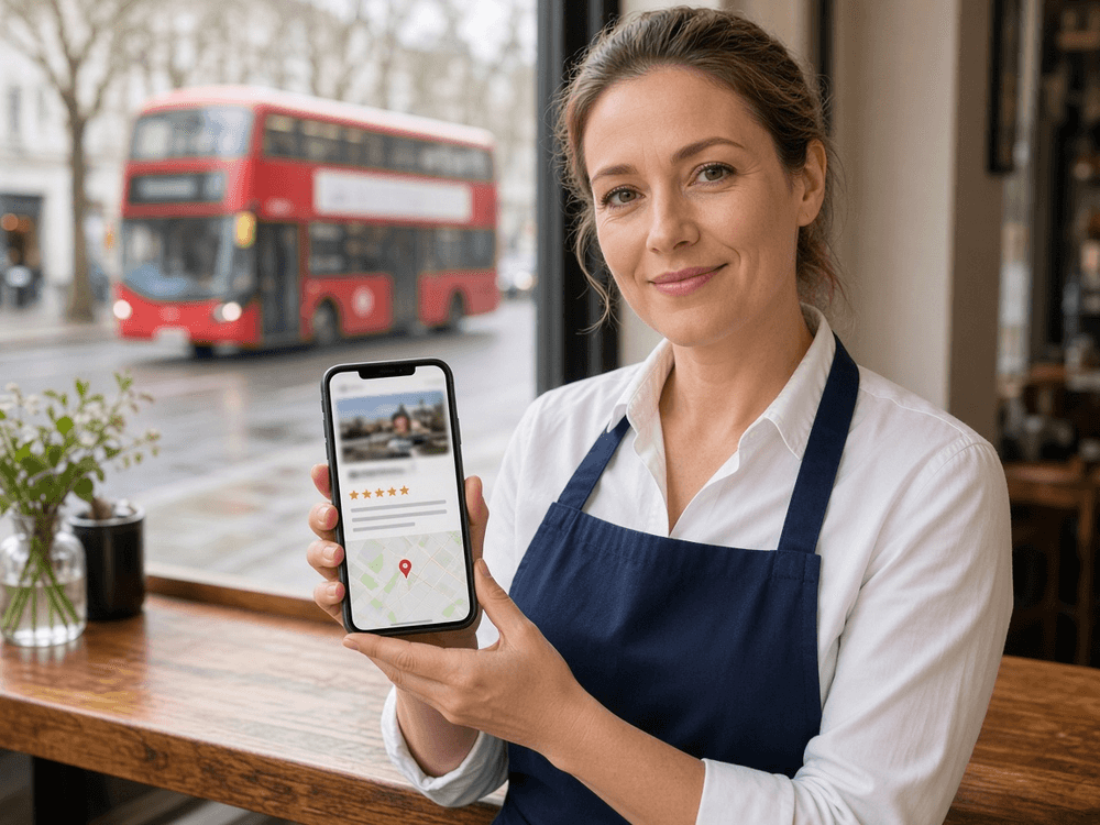 Cafe owner checking steady Google Maps reviews on a phone