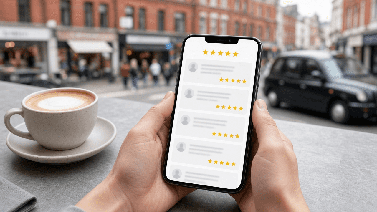 Customer reading Google Business Profile reviews on a phone in a UK street