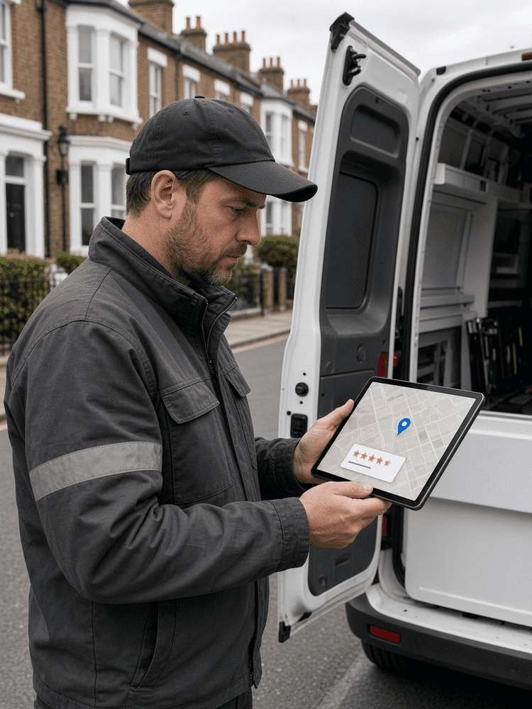 UK trade professional checking Google Maps listing on a tablet by a van