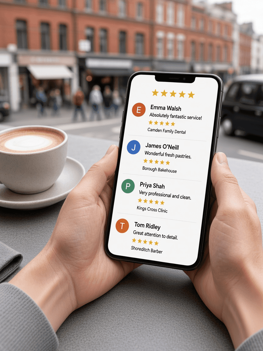 Customer leaving a verified 5-star review after service