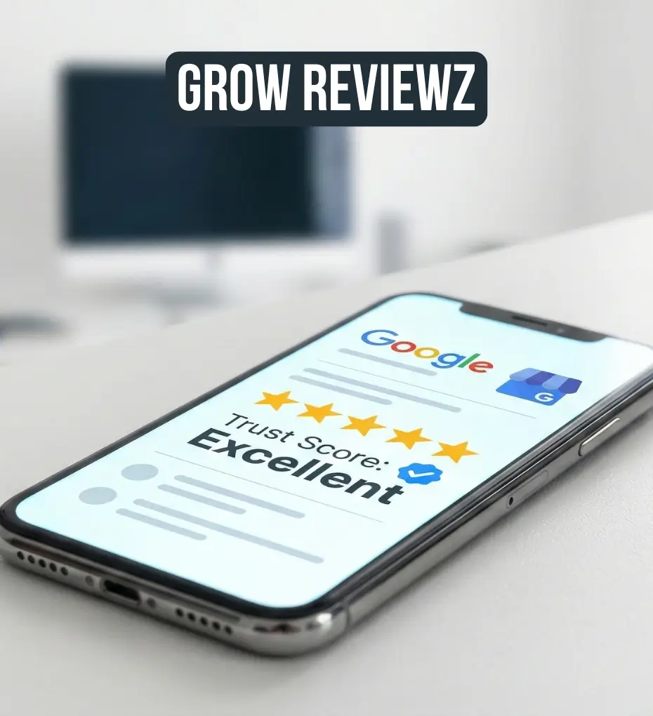 A close-up photograph of a smartphone displaying a Google review screen featuring five gold stars and bold text that reads "Trust Score: Excellent".